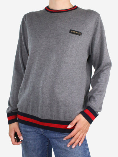 Grey logo patch crewneck jumper - size S Knitwear Balmain 