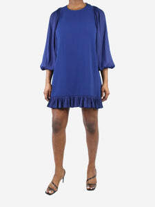 Halston Heritage Blue puff-sleeved ruffle-trimmed dress - size US 6
