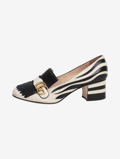 White zebra print fringed detail heeled leather loafers Heels Gucci 