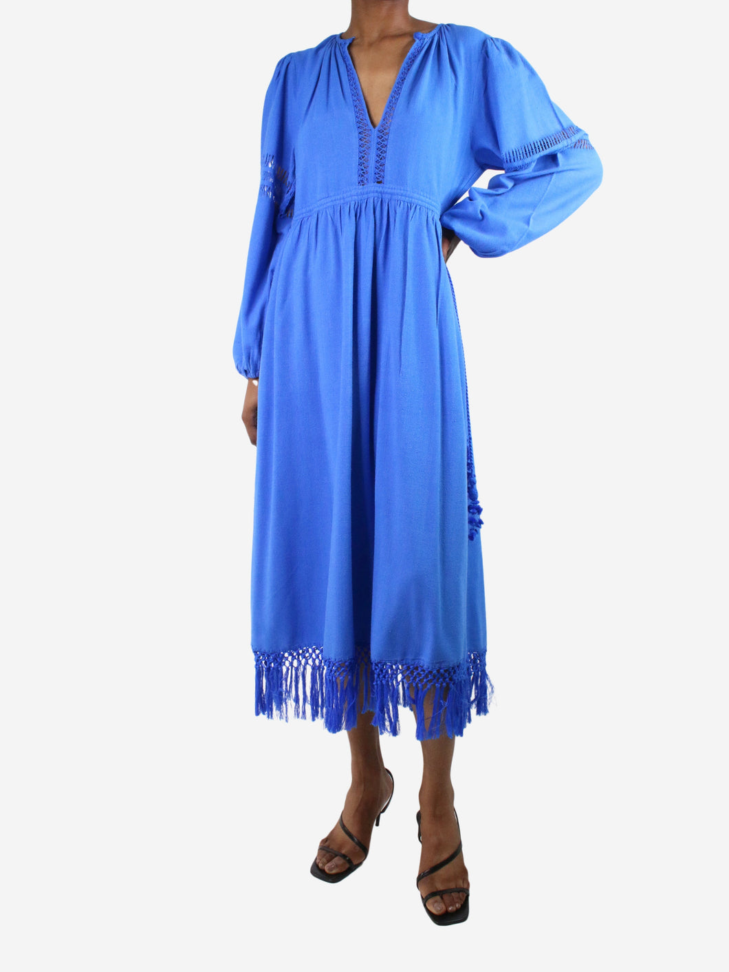 Blue silk puff-sleeved fringed midi dress - size UK 6 Dresses Ulla Johnson 