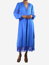 Load image into Gallery viewer, Blue silk puff-sleeved fringed midi dress - size UK 6 Dresses Ulla Johnson 
