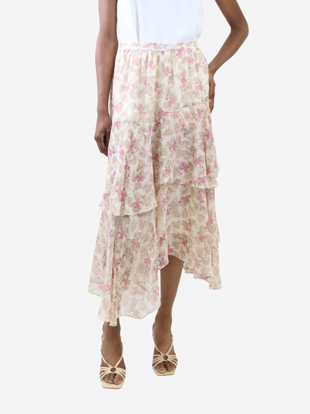 Cream floral printed silk ruffle skirt - size S Skirts Love Shack Fancy 