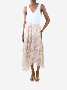 Love Shack Fancy Cream floral printed silk ruffle skirt - size S