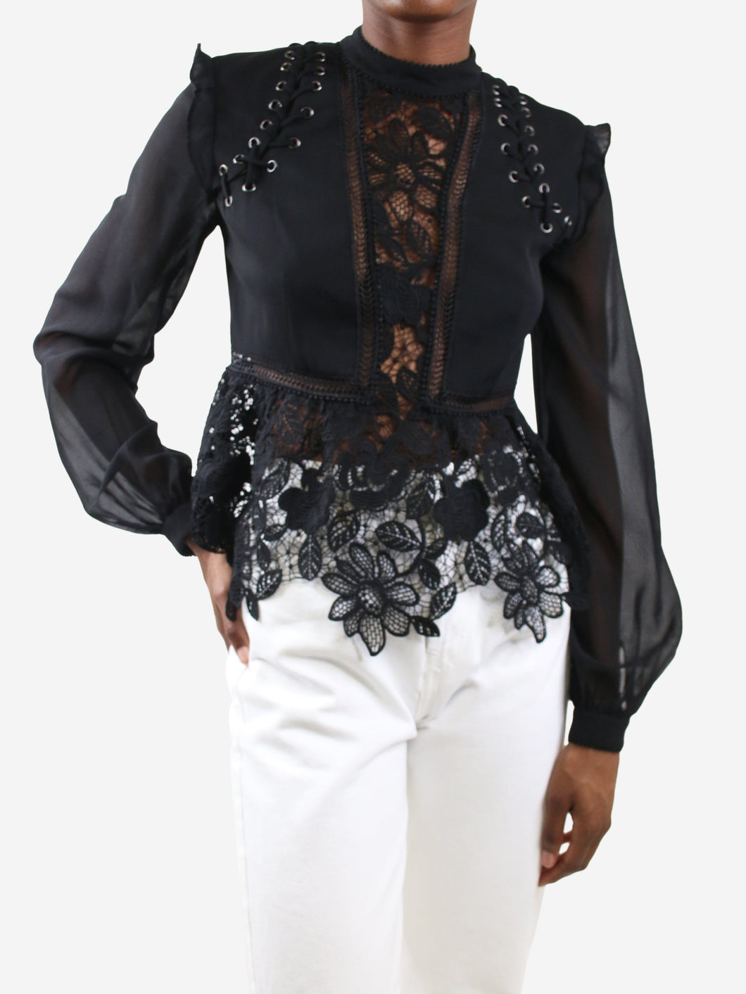 Black lace ruffled blouse - size UK 6 Tops Self Portrait 