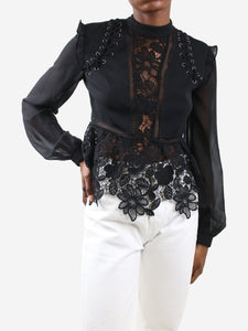 Self Portrait Black lace ruffled blouse - size UK 6