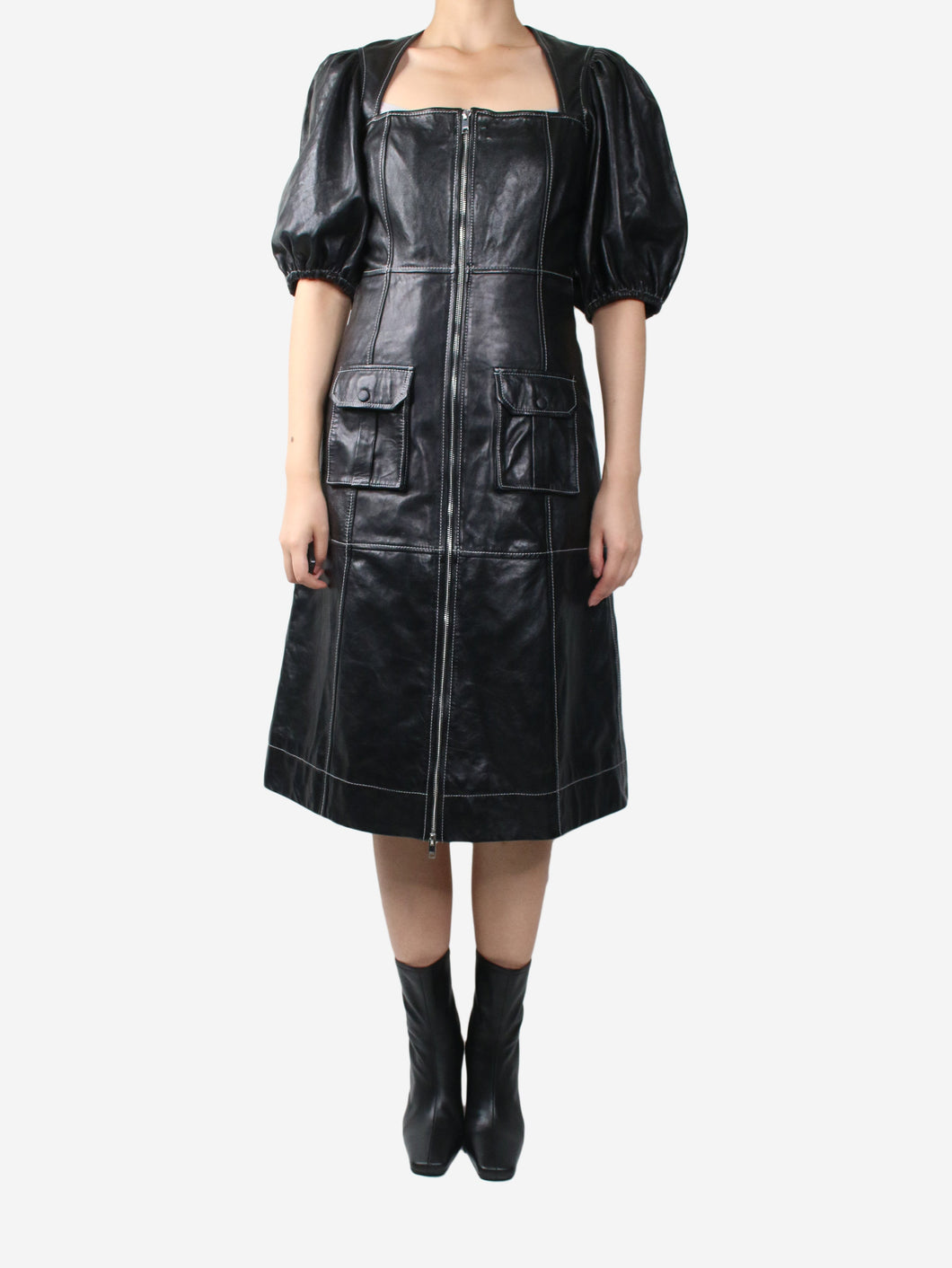 Black contrast-stitched leather dress - size EU 38 Dresses Ganni 
