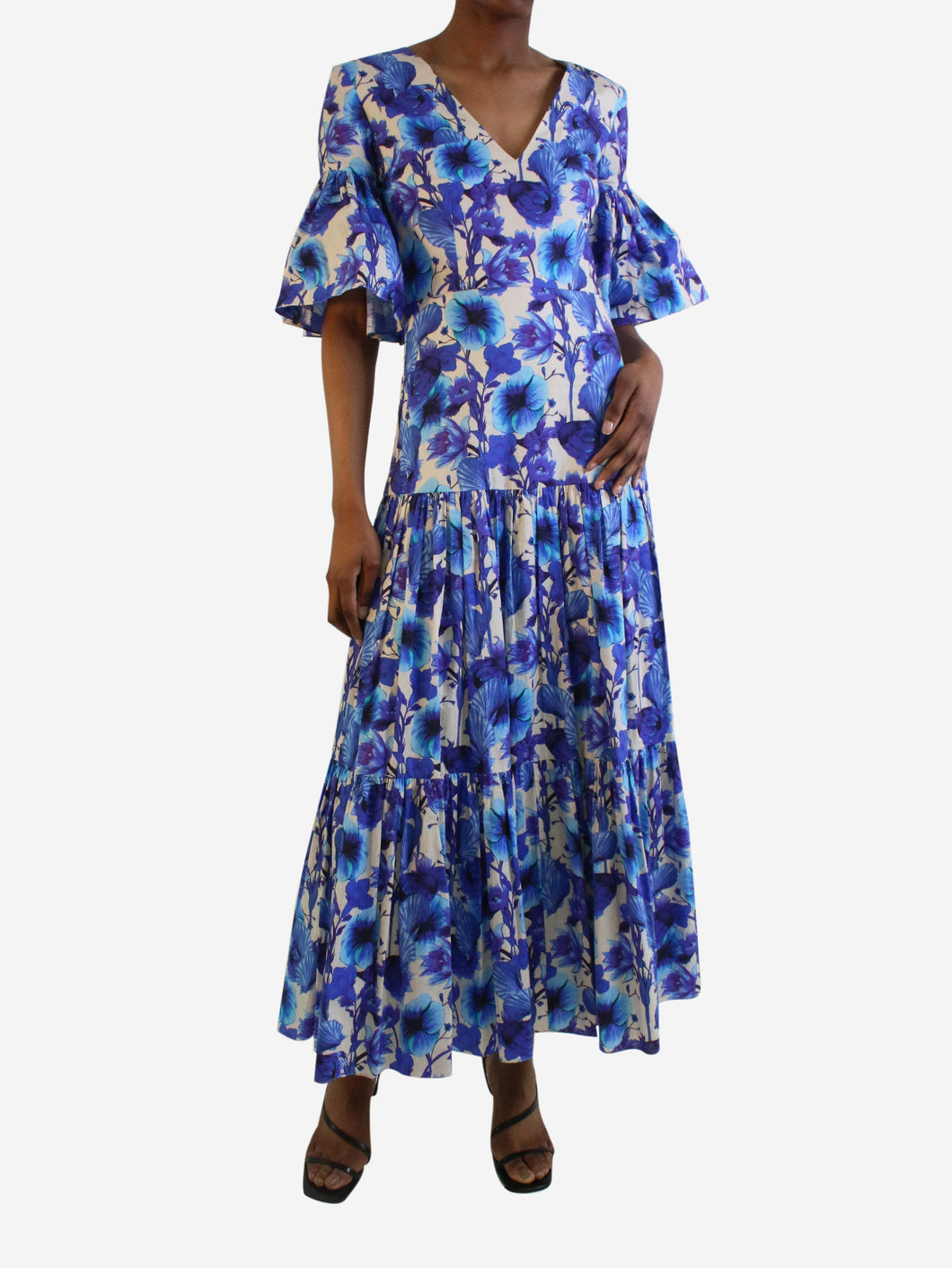 Blue short-sleeved floral printed v-neck dress - size UK 6 Dresses Borgo De Nor 