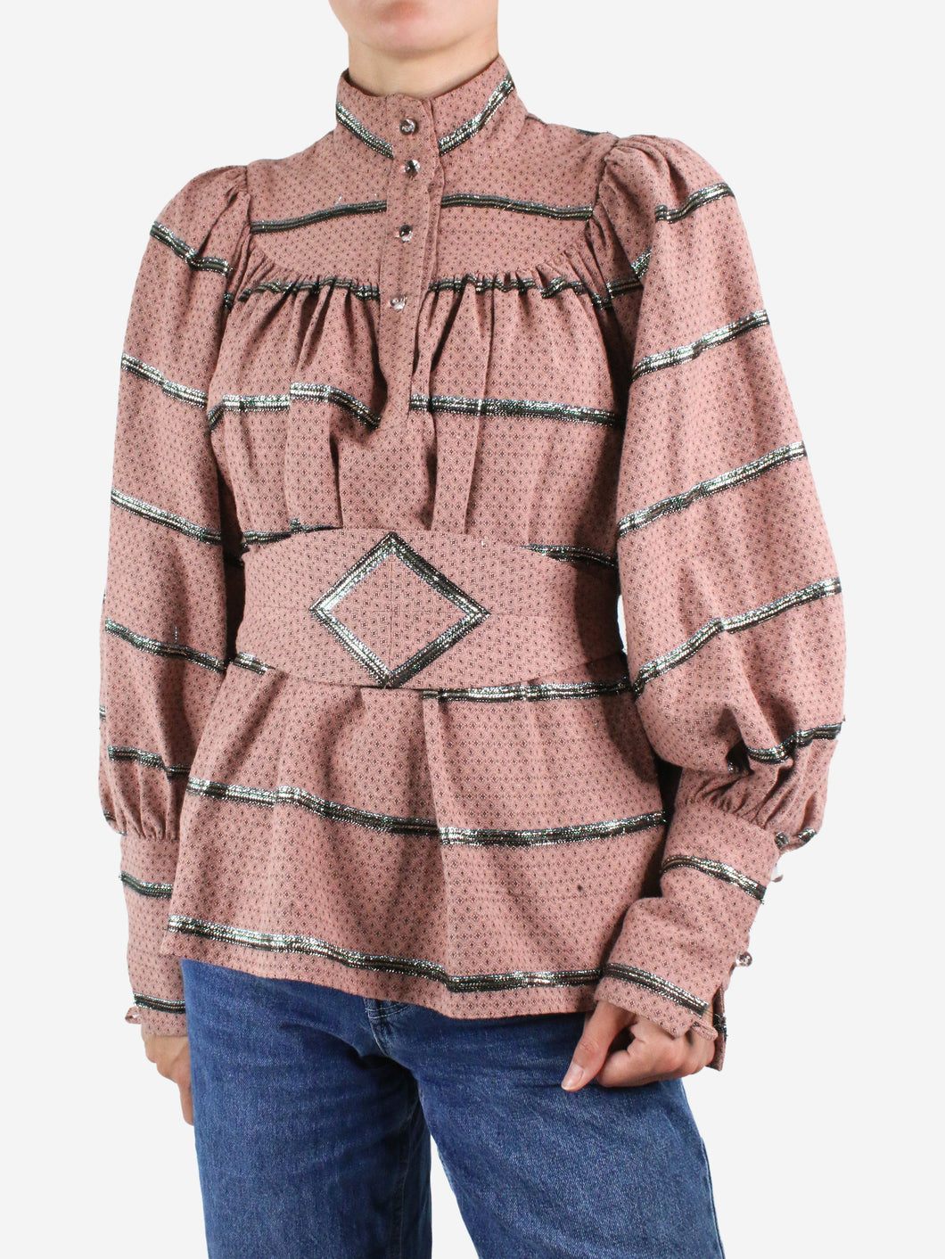 Pink metallic striped puff-sleeve top - size UK 10 Tops Anna Mason 