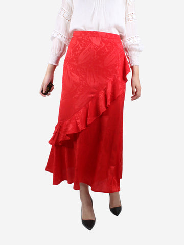 Red long satin frill and flower detailing skirt - size M Skirts Song of Style 