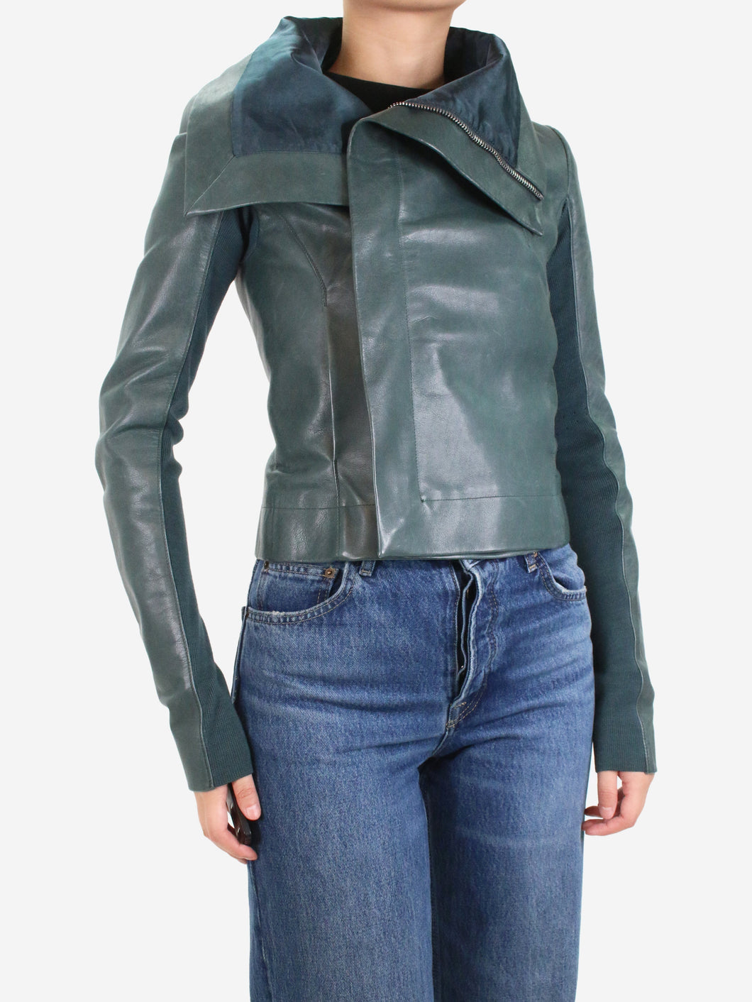 Green leather biker jacket - size UK 8 Coats & Jackets Rick Owens 