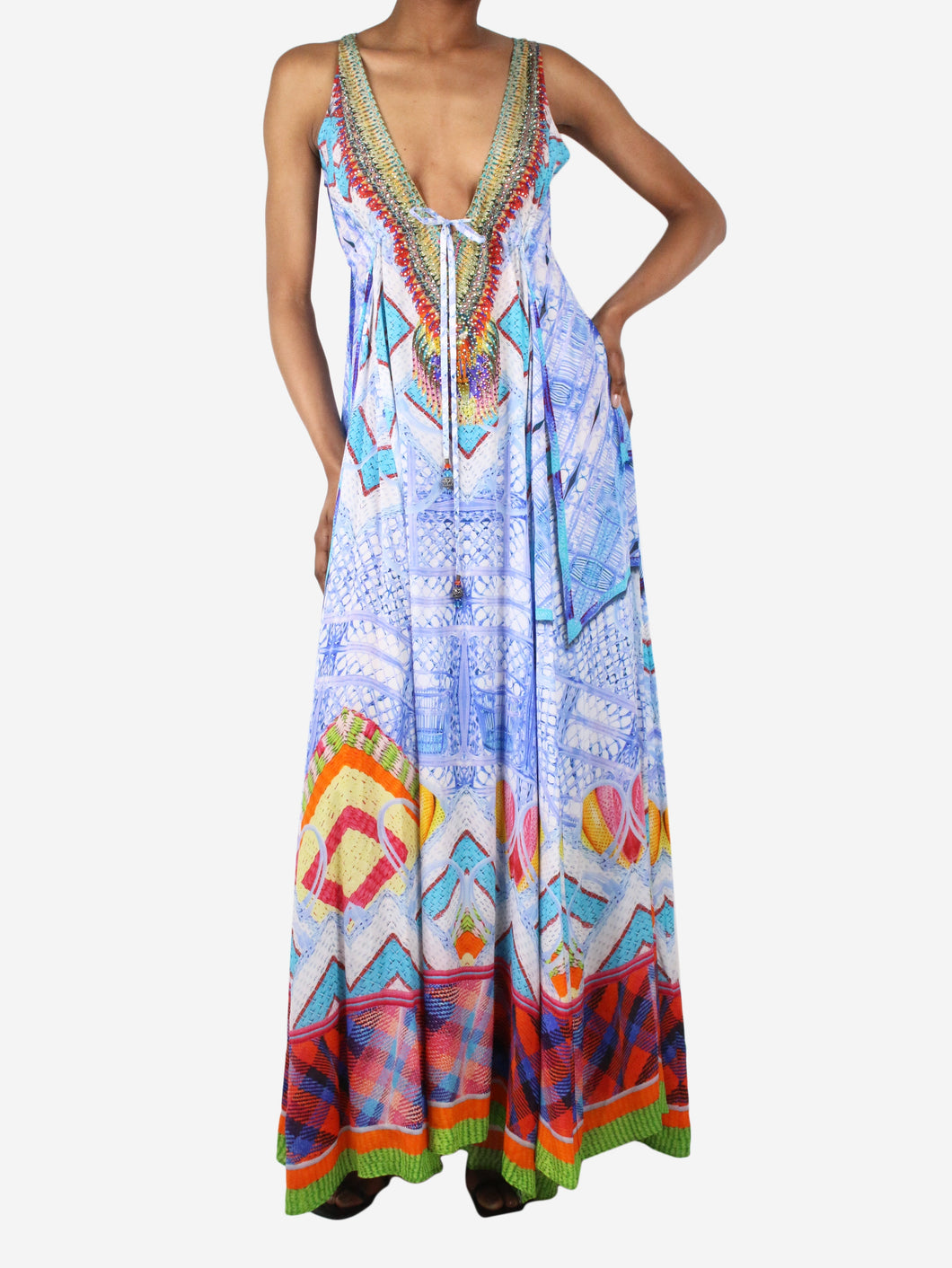 Multicolour long v-neck downstring dress - size XS/S Dresses Camilla 
