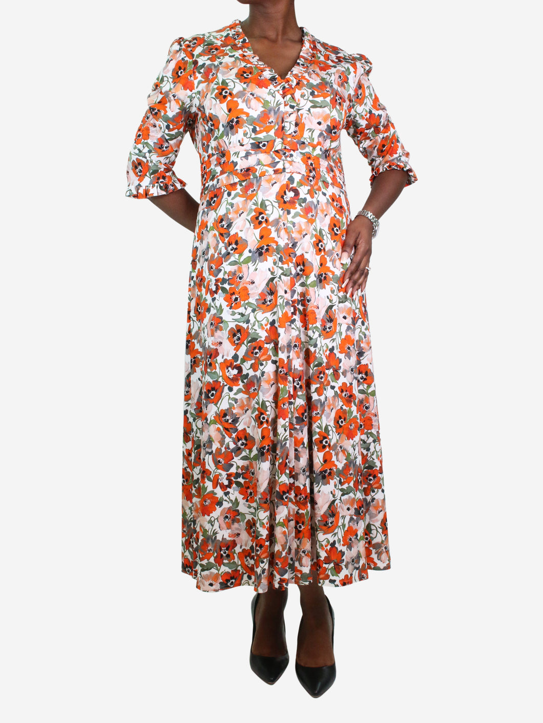 Orange V-neckline floral midi dress - size UK 16 Dresses Jane 