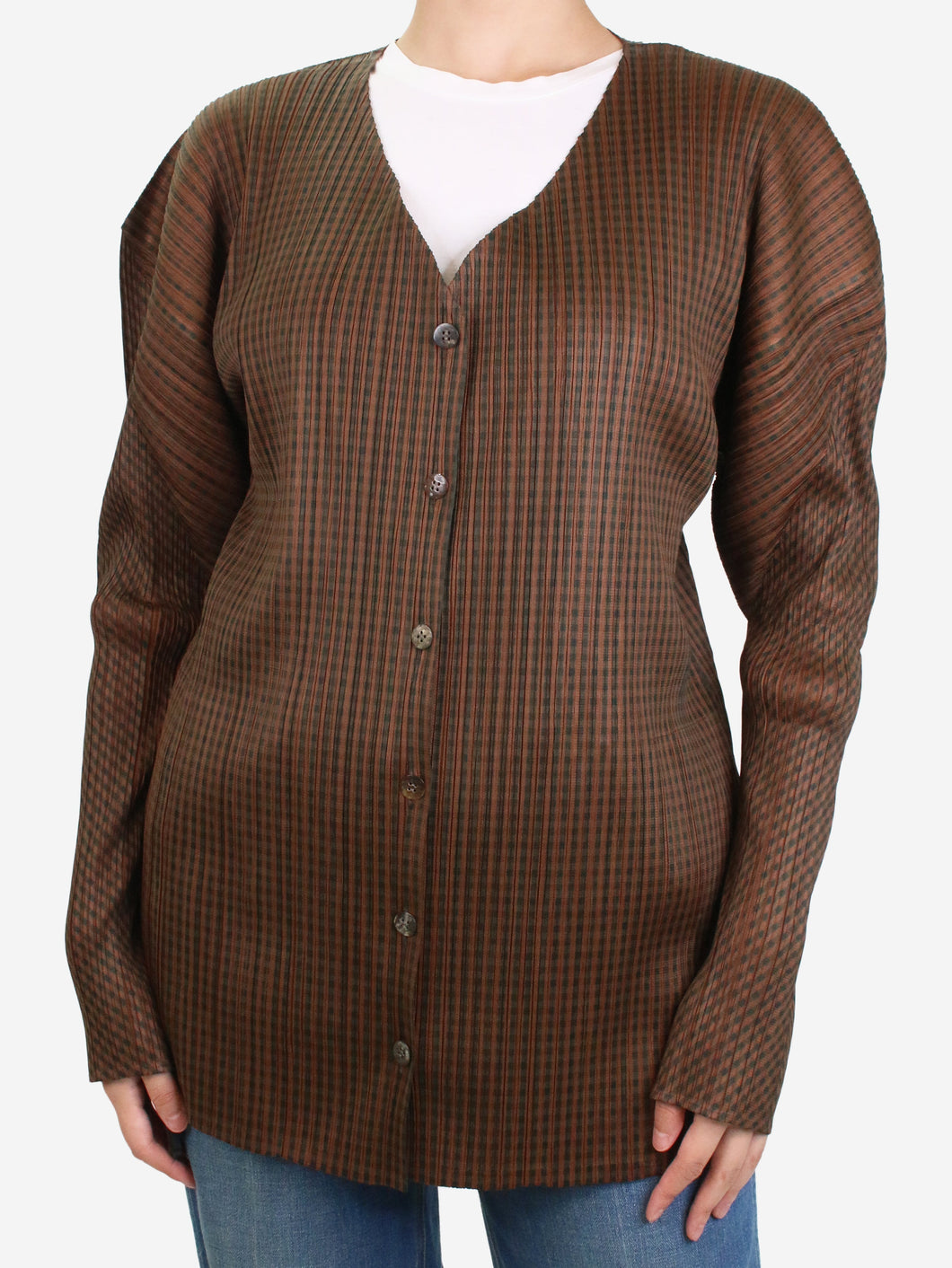 Brown check pleated cardigan - size UK 8 Tops Pleats Please 