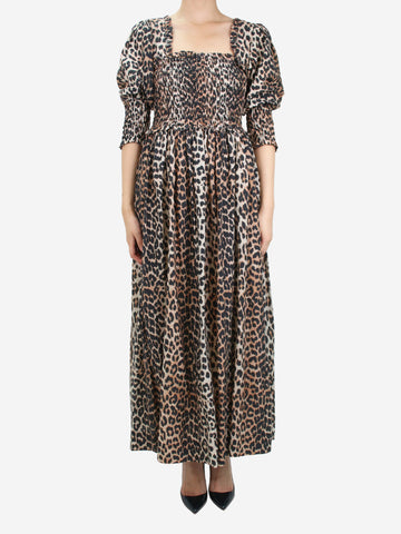 Animal Print shirred -print cotton-blend maxi dress - size UK 10 Dresses Ganni 