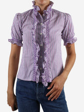 Load image into Gallery viewer, Purple rufflued striped short sleeved blouse - size S Tops Loretta Caponi 
