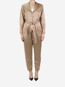 Marina Moscone Neutral belted satin jumpsuit - size UK 10