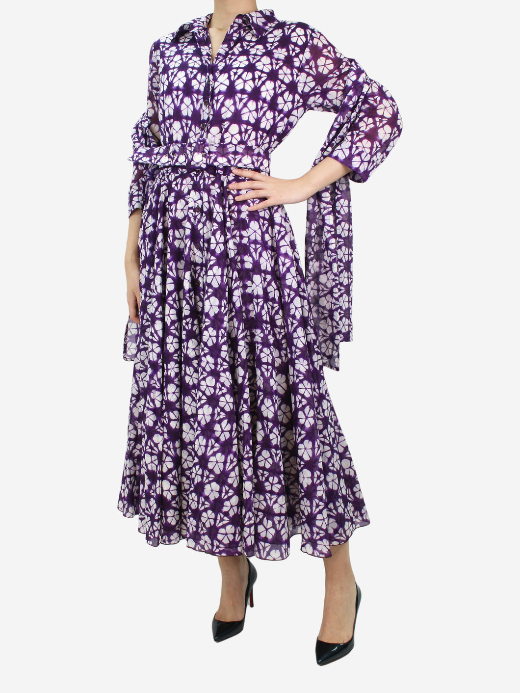 Purple floral printed shirt dress with belt and scarf - size US 10 Sets Samantha Sung 