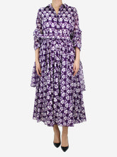 Load image into Gallery viewer, Purple floral printed shirt dress with belt and scarf - size US 10 Sets Samantha Sung 
