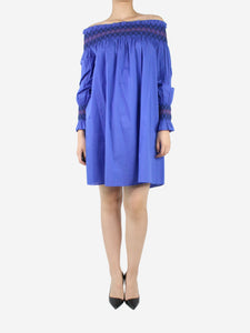 Maje Blue off the shoulder shirred mini dress - size UK 10