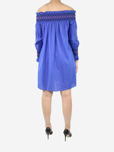 Maje Blue off the shoulder shirred mini dress - size UK 10