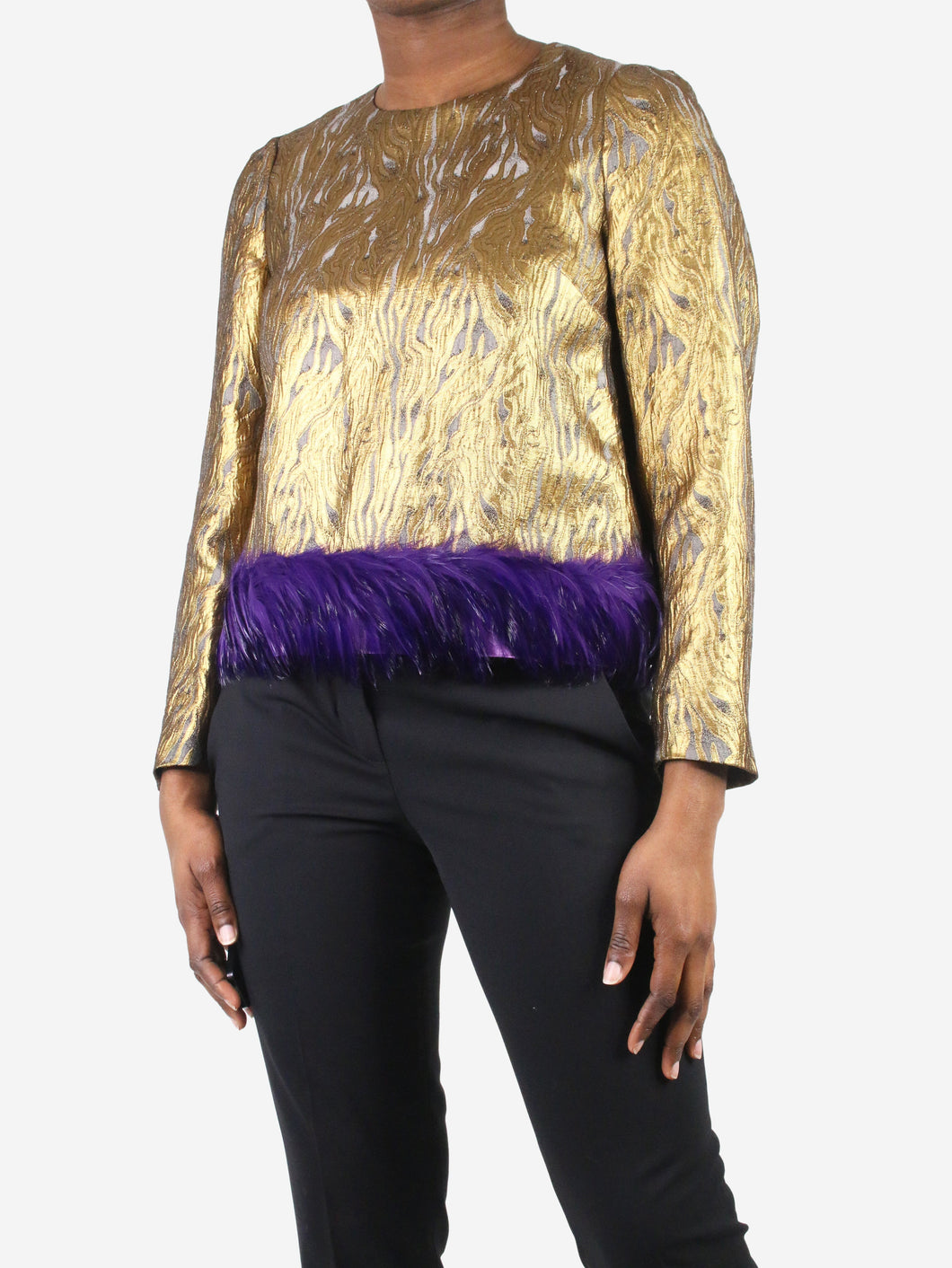 Gold feather trimmed blouse - size FR 40 Tops Dries Van Noten 