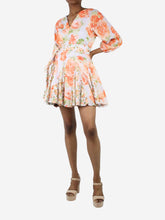 Load image into Gallery viewer, Orange V-neck belted floral mini dress - size US 0 Dresses Alice + Olivia 
