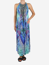 Load image into Gallery viewer, Blue printed embellished halterneck maxi dress - size UK 10 Dresses Camilla 
