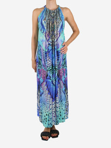 Camilla Blue printed embellished halterneck maxi dress - size UK 10