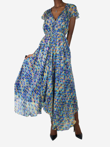 Blue printed v-neck maxi dress with belt - size UK 8 Dresses Saloni 