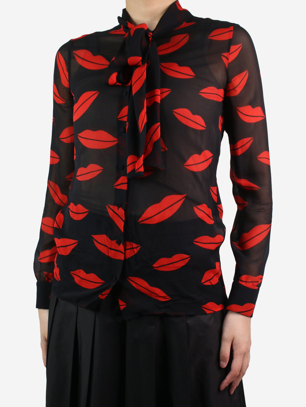 Black sheer lips printed neck-tie blouse - size FR 36 Tops Saint Laurent 