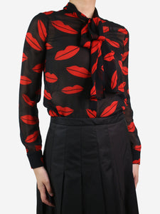 Saint Laurent Black sheer lips printed neck-tie blouse - size FR 36