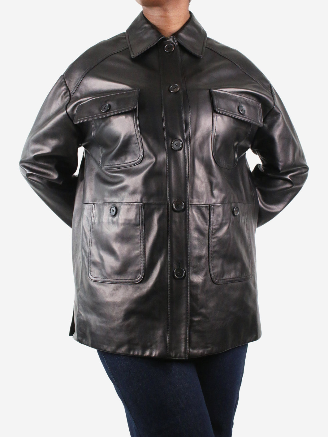 Black leather button-up shacket- size L Coats & Jackets Excess Only 