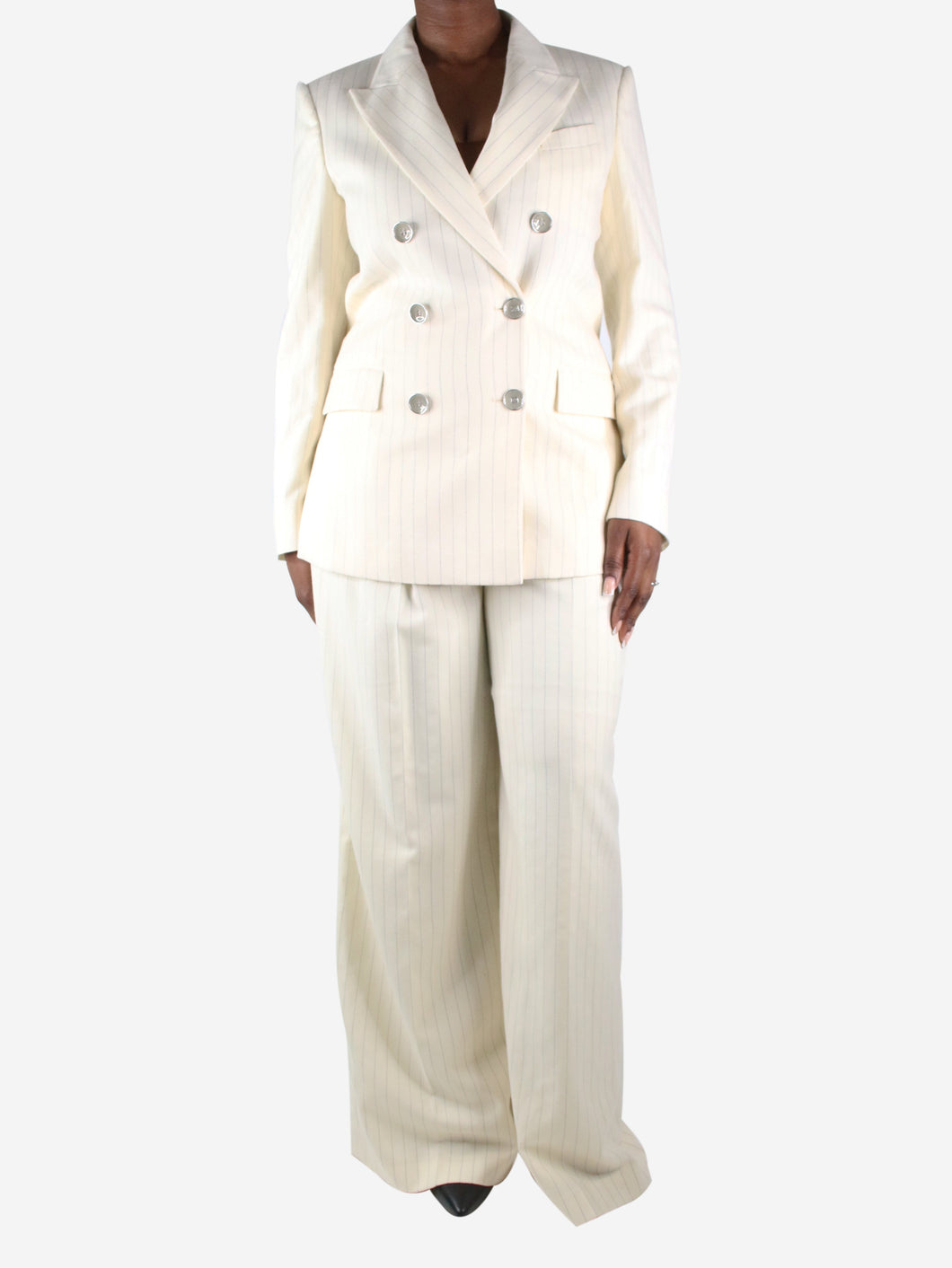 Cream double-breasted wool striped blazer and trouser set - size UK 14 Sets Racil 