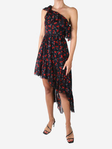 Saint Laurent Black one-shoulder cherry georgette print dress - size FR 36