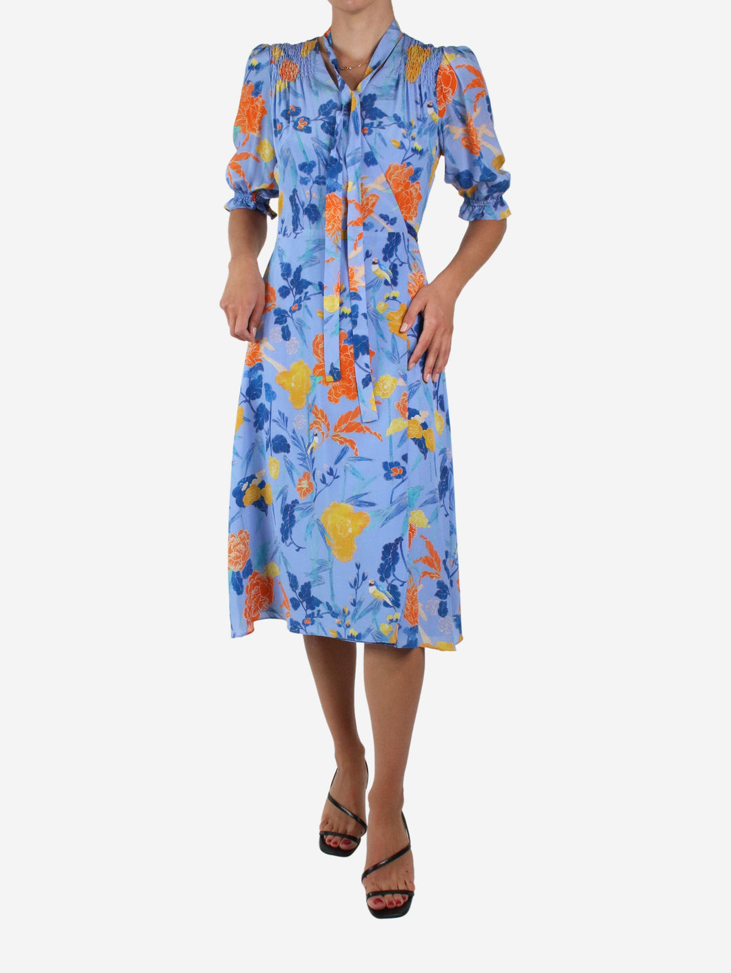 Blue silk floral printed wrap dress - size UK 12 Dresses Beulah 