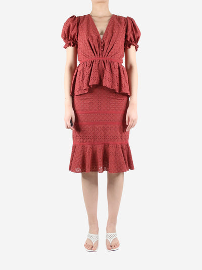 Red short-sleeved embroidered ruffle midi dress - size UK 6 Dresses Johanna Ortiz 
