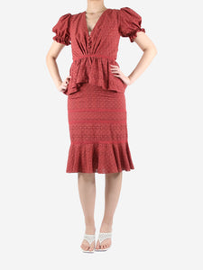 Johanna Ortiz Red short-sleeved embroidered ruffle midi dress - size UK 6