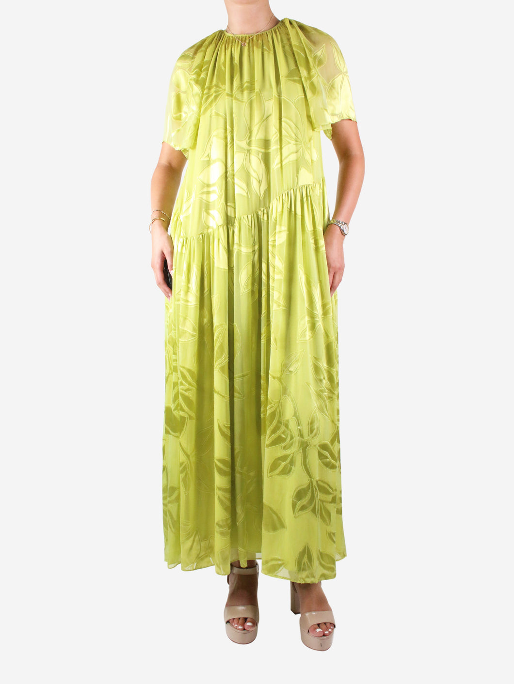 Green tonal floral chiffon dress - size M Dresses Stine Goya 