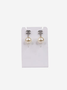 Chanel Silver rhinestone CC pearl drop earrings