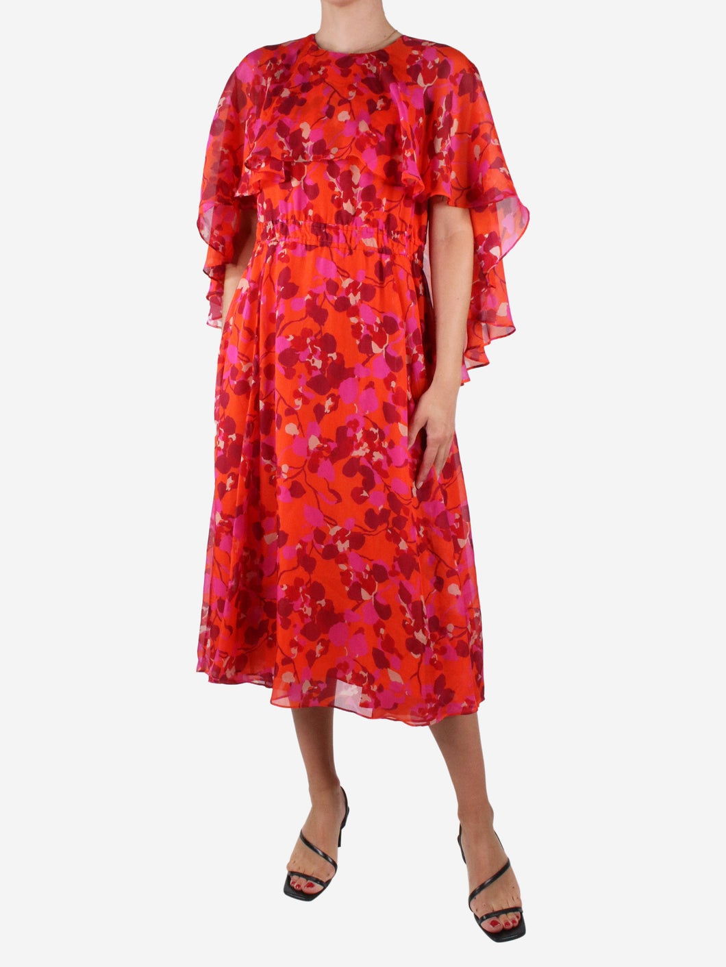 Orange silk floral printed midi dress - size UK 14 Dresses The Fold 