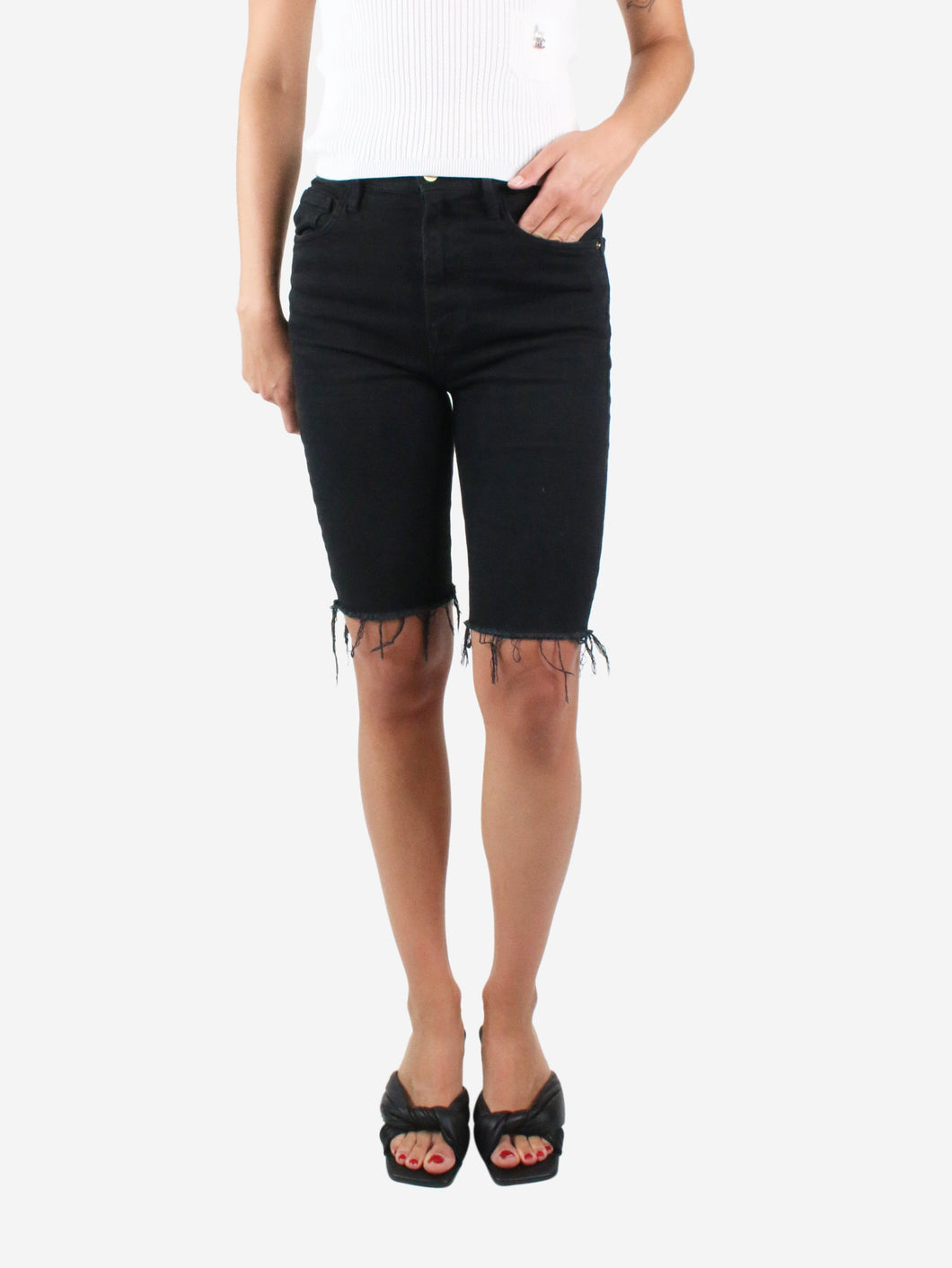 Black distressed hem knee-length denim shorts - size UK 8 Trousers Frame 