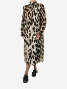 Ganni Animal print high-neck leopard print plisse midi dress - size EU 38