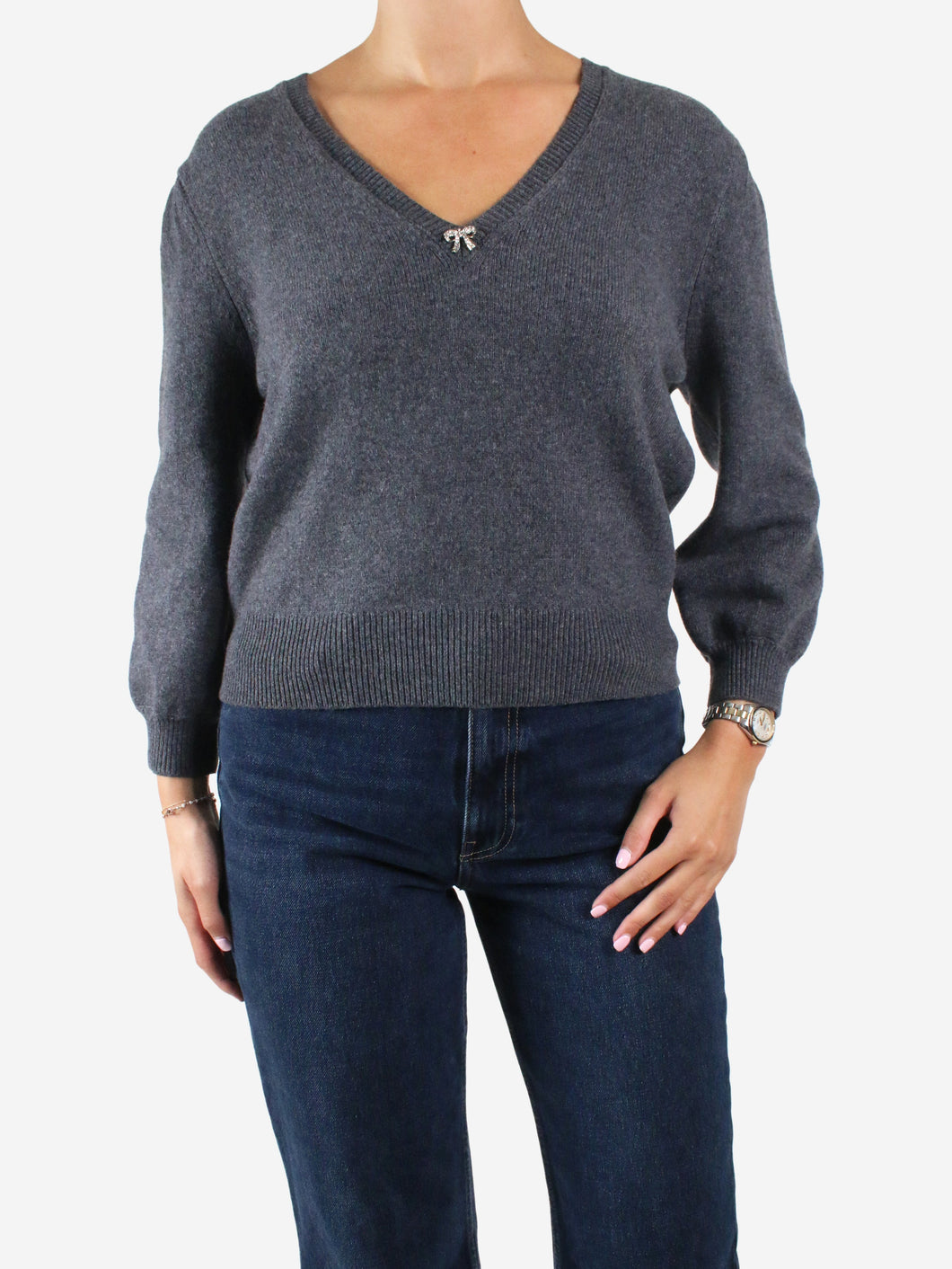 Grey bejewelled v-neck jumper - size Brand size 2 Knitwear Maje 