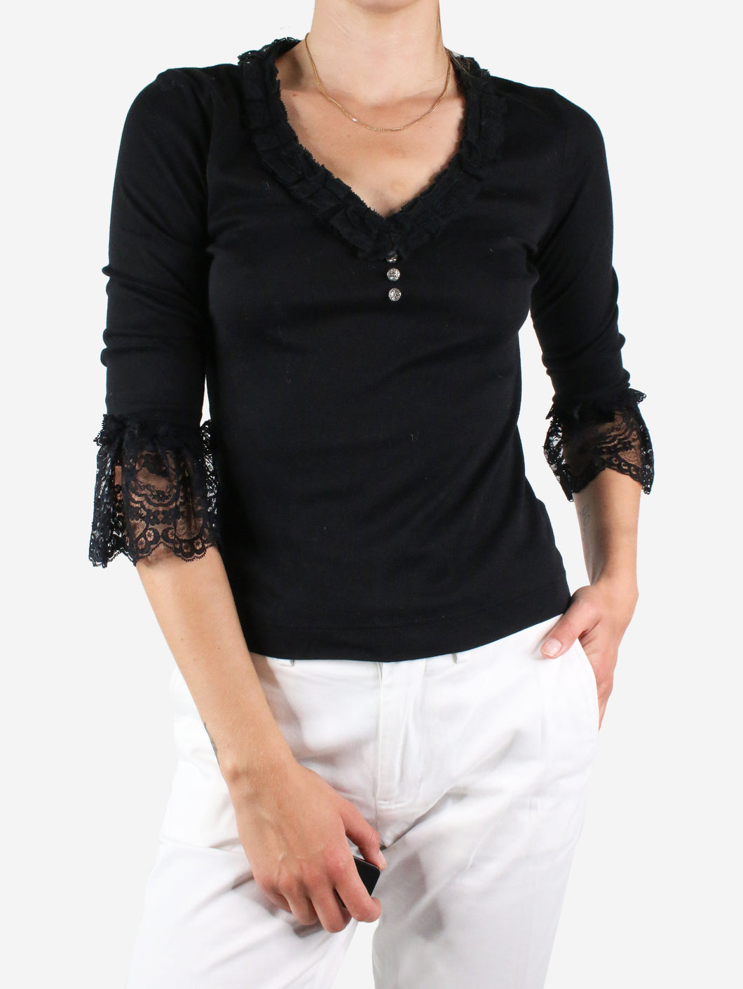 Black ruffle lace detail V-neckline top - size UK 6 Tops Dolce & Gabbana 