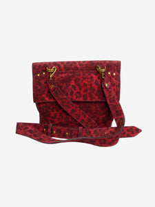 Jerome Dreyfuss Red suede leopard print cross-body bag with gold hardware