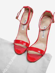 Manolo Blahnik Red patent sandal heels with ankle strap and open toe - size EU 40.5