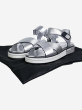 Load image into Gallery viewer, Silver leather cross-strap sandals Flat Sandals Prada 
