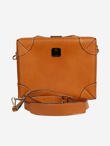 MCM Brown briefcase with gold hardware detail, top handle, contrasted stitching and a detachable shoulder strap
