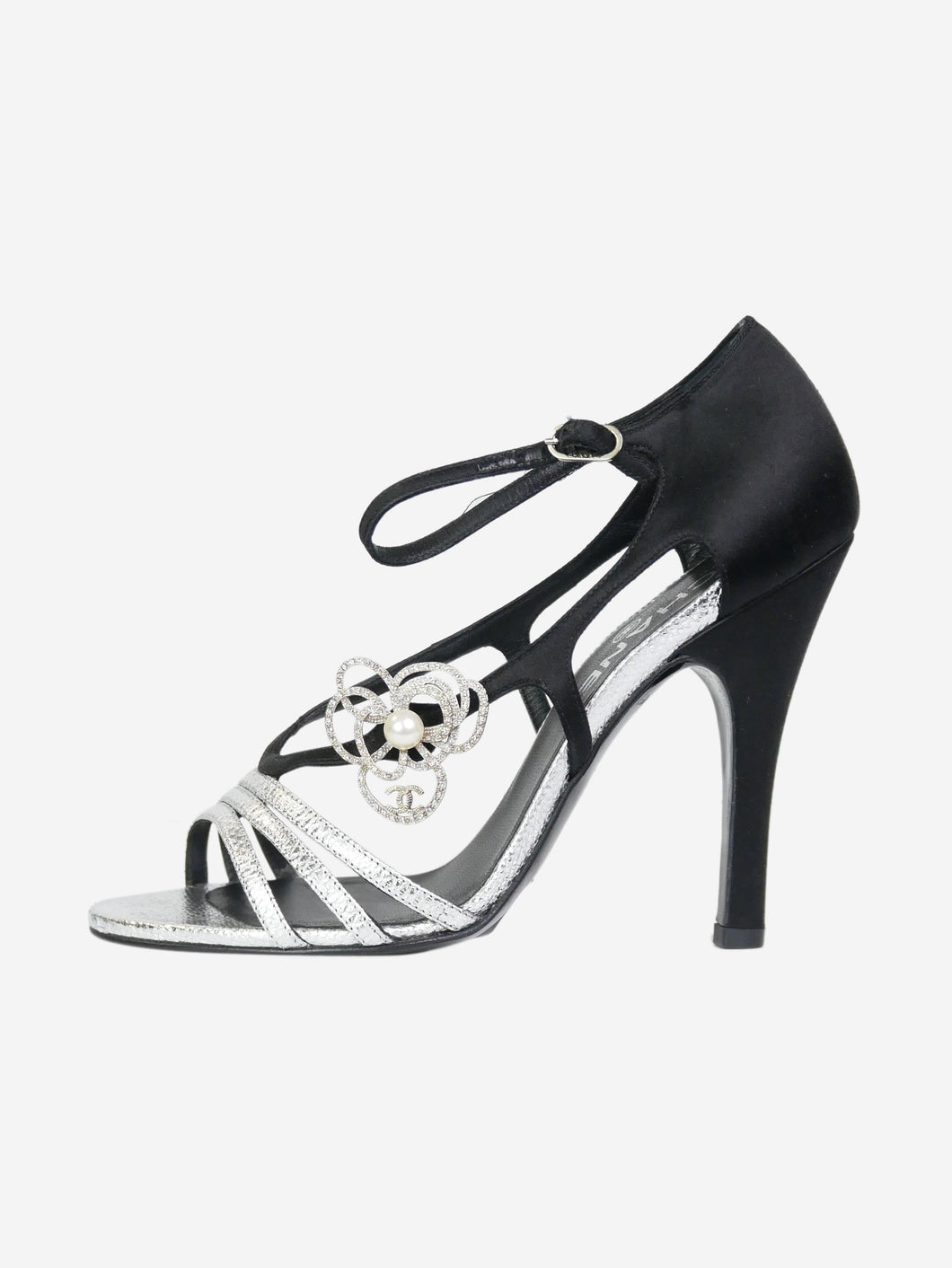 Chanel pre-owned black satin sandal heels with floral embellishment