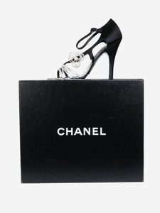 Chanel Black satin sandal heels with floral embellishment - size EU 36.5